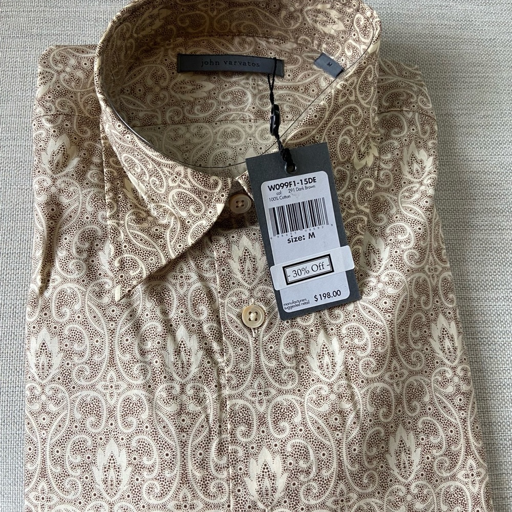 John Varvatos men’s dress shirt NWT, Medium, brown/cream; classic paisley print